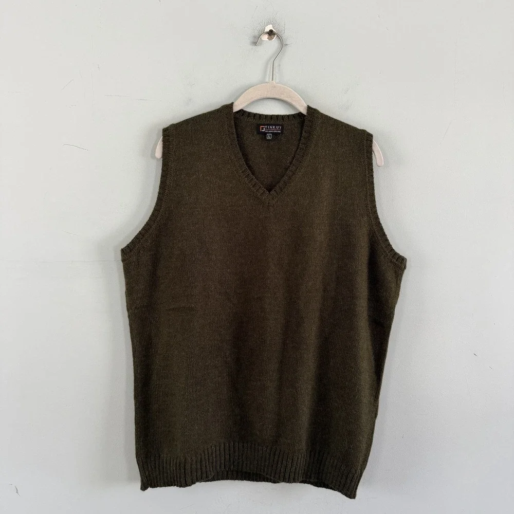 Tinkuy Peru Alpaca Wool Green Sleeveless V-Neck Mens Sweater Vest - Picture 2 of 4